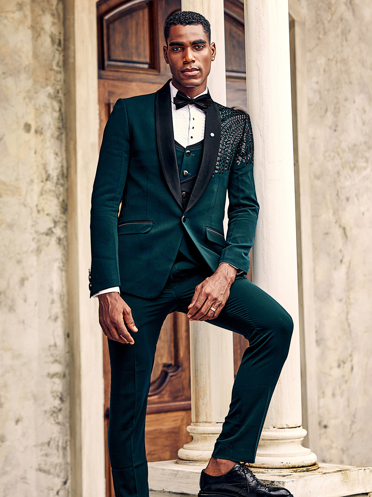 Prussian blue solid suede coat suit for reception