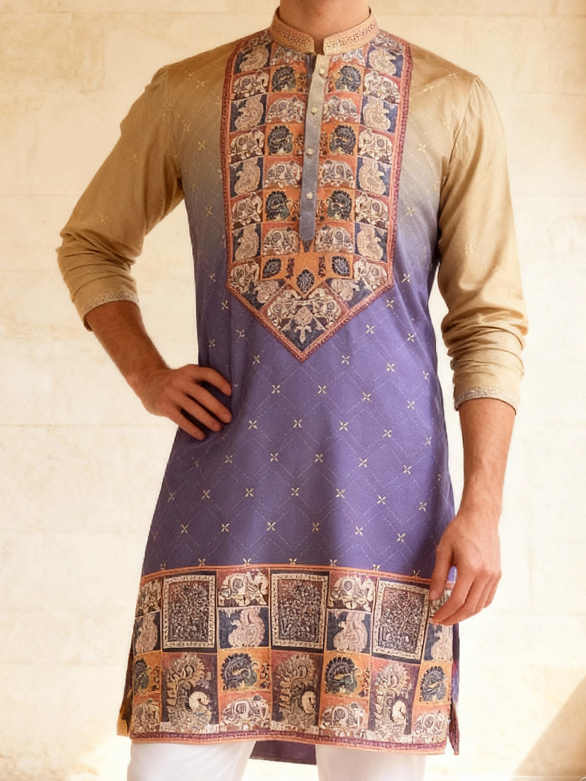 Purple and beige shaded cotton silk kurta suit