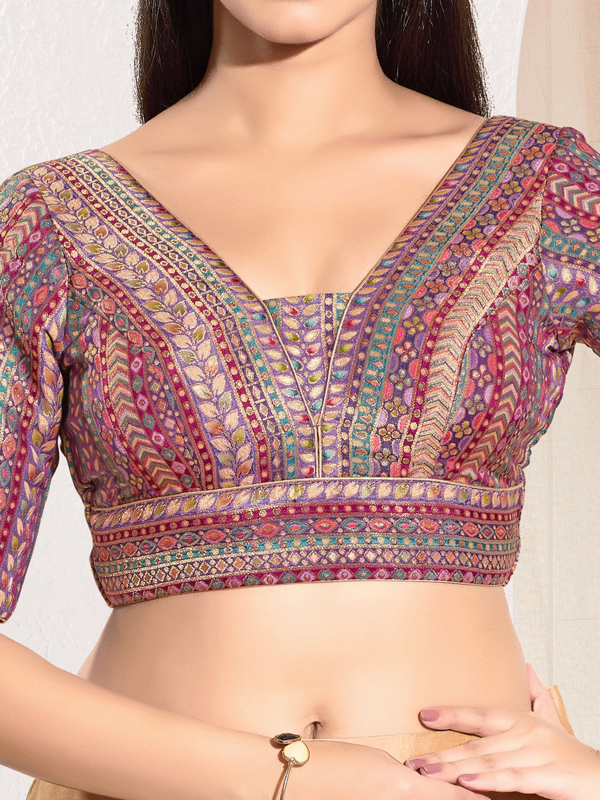 Purple brocade printed V neck elbow sleeve blouse