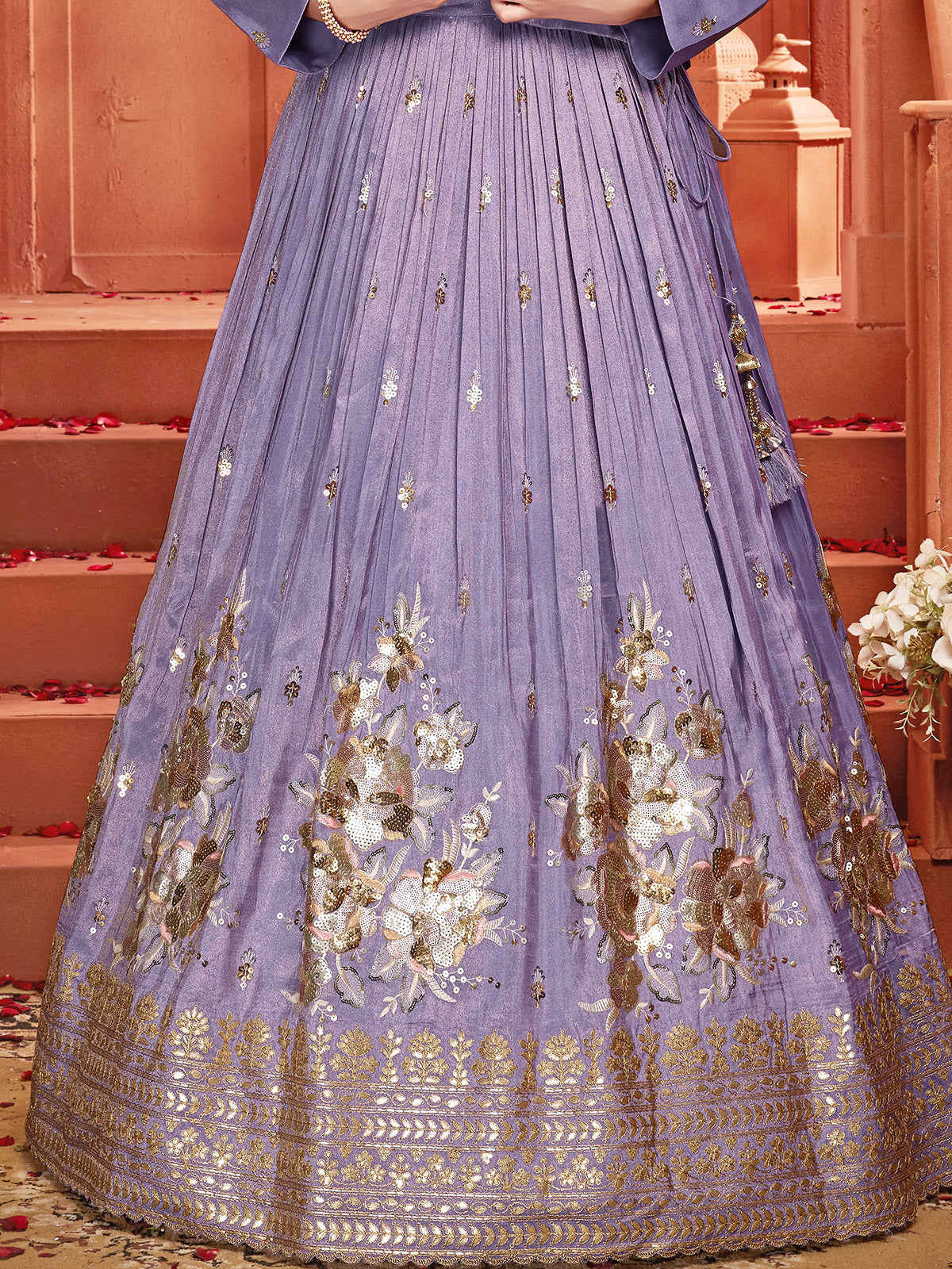 Purple georgette jacket lehenga choli with sequins zari