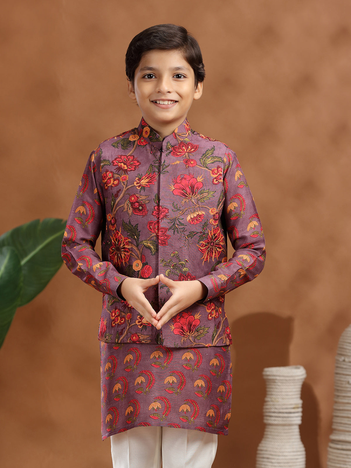 Purple raw silk printed waistcoat set for boys