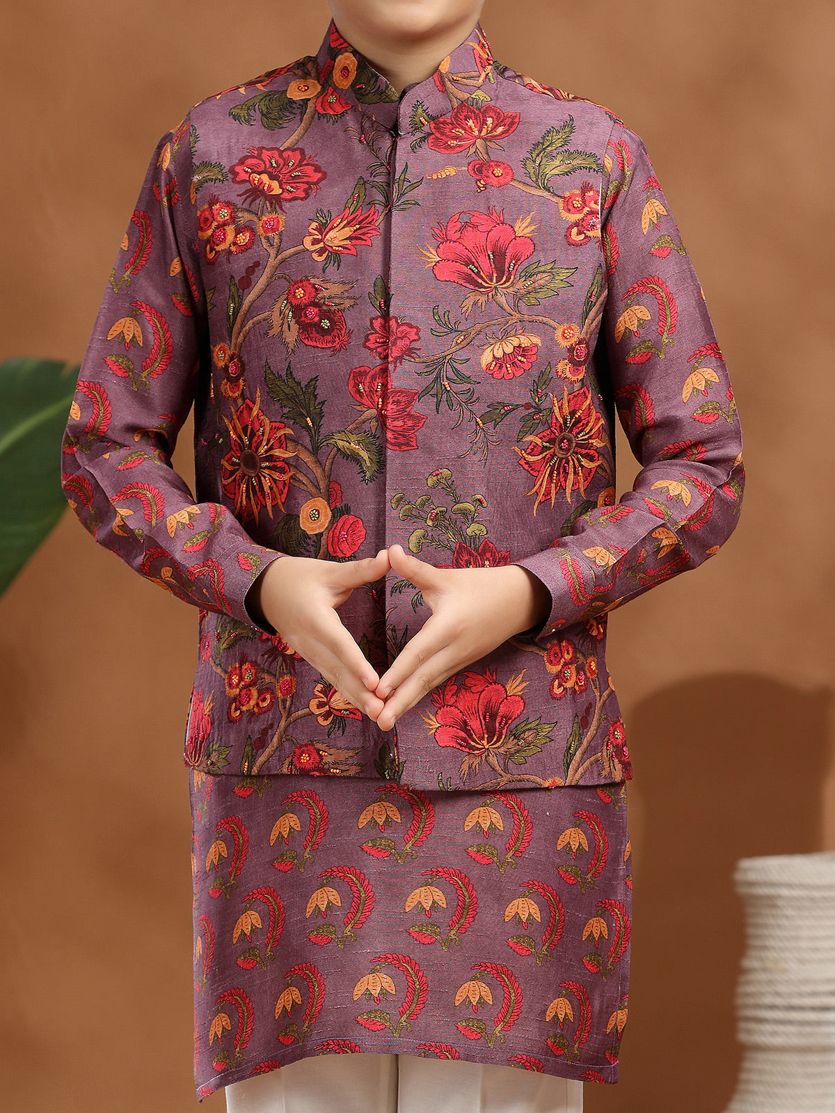 Purple raw silk printed waistcoat set for boys