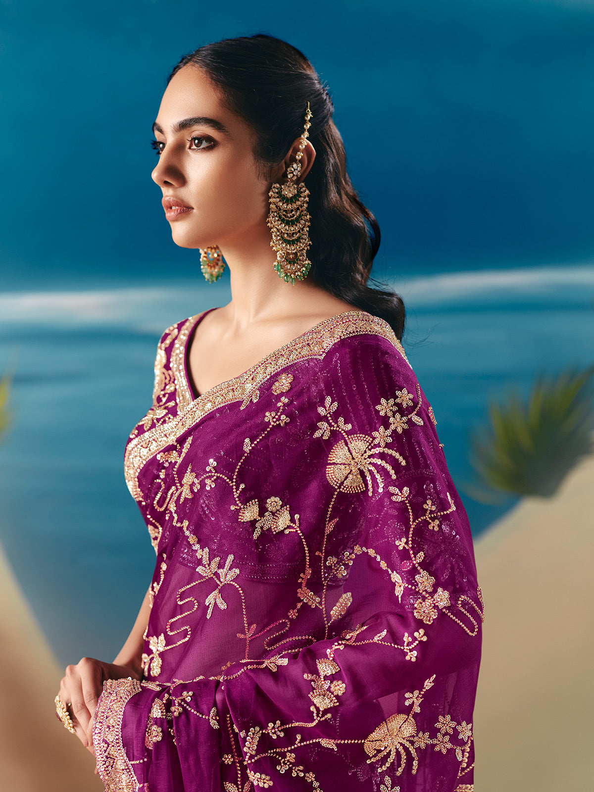 Purple satin organza embellished saree