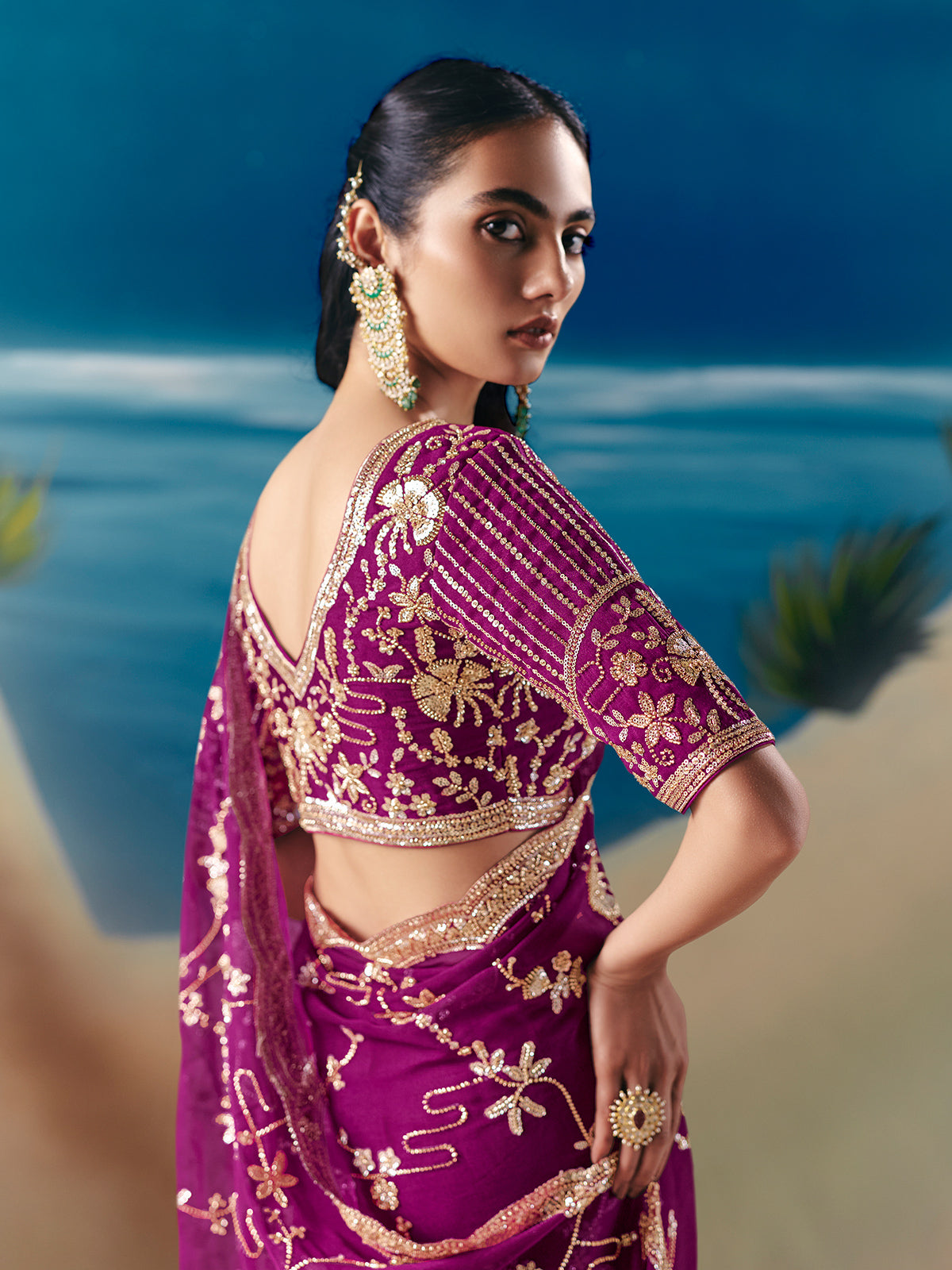 Purple satin organza embellished saree