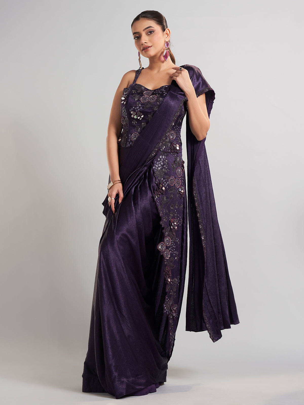 Purple satin silk ready to wear saree for wedding functions