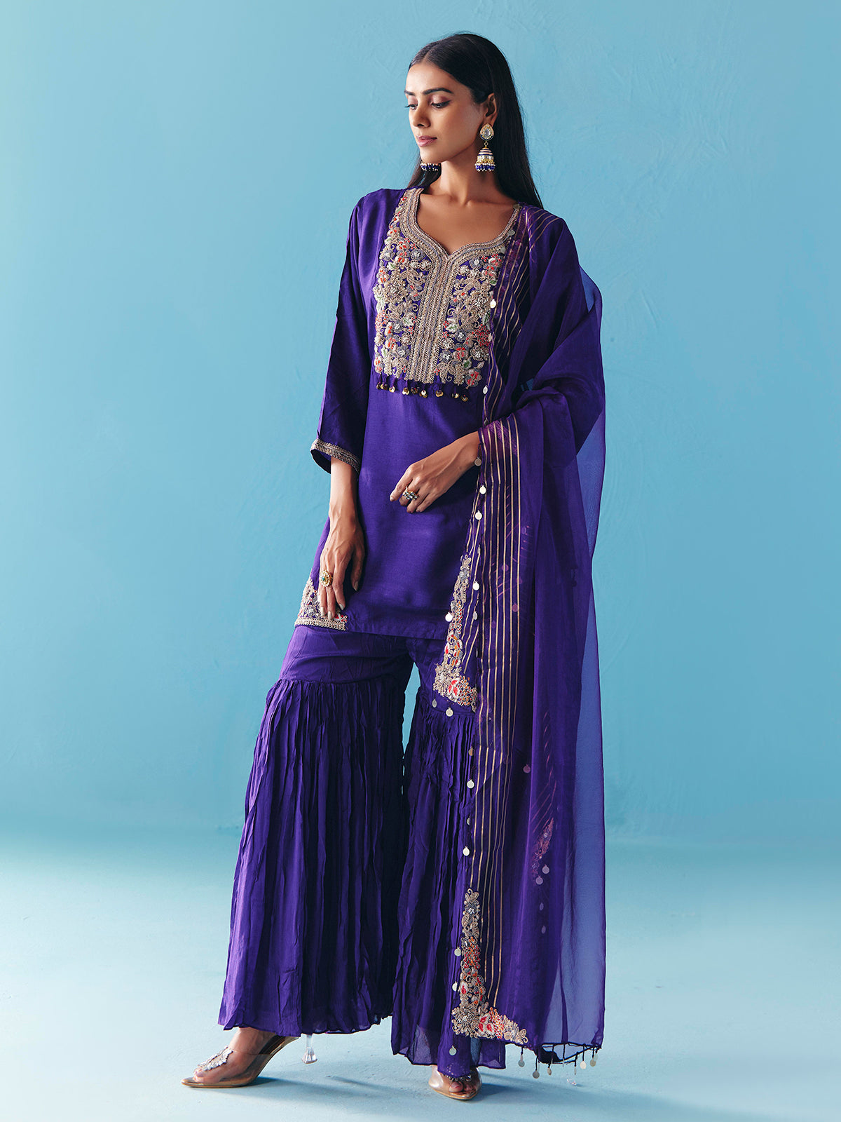 Purple silk pakistani sharara suit with dupatta