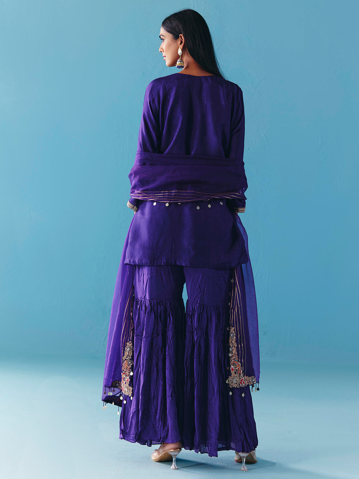 Purple silk pakistani sharara suit with dupatta
