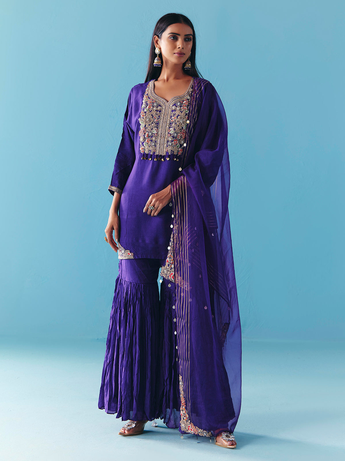 Purple silk pakistani sharara suit with dupatta