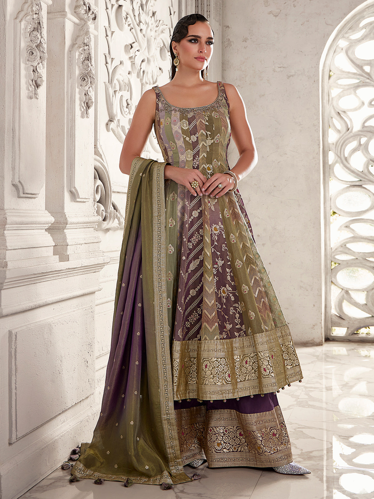 Purple silk palazzo suit with stone and zardosi radiance
