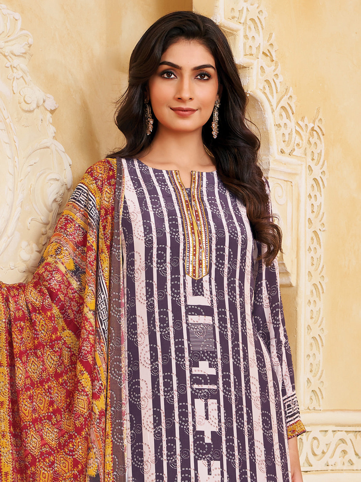 Purple silk printed straight cut festive salwar suit