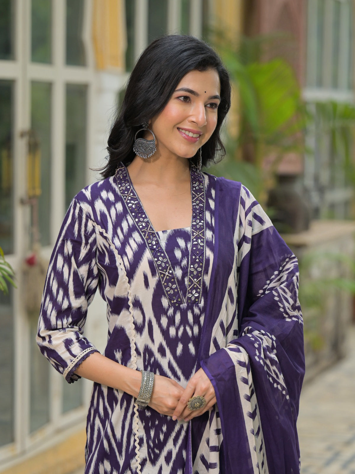 Purple silk sequins embellished kurti set