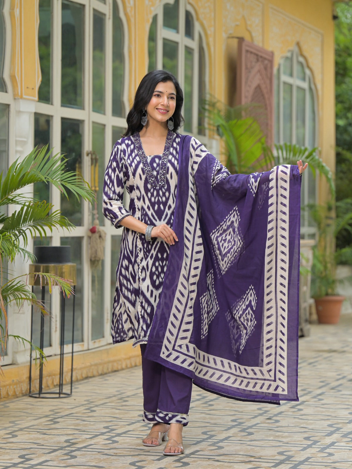 Purple silk sequins embellished kurti set