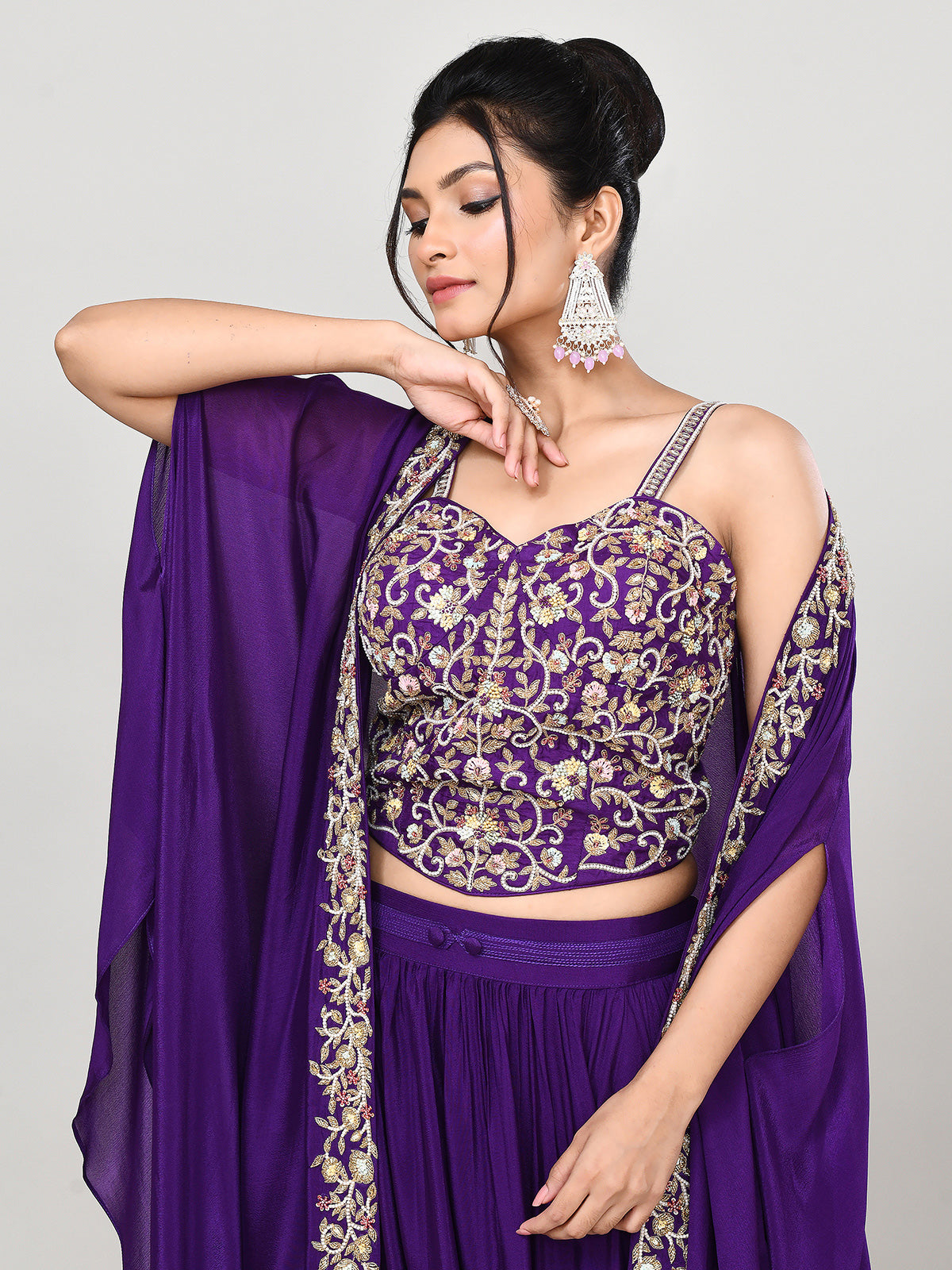 Purple silk shrug style wedding wear lehenga choli
