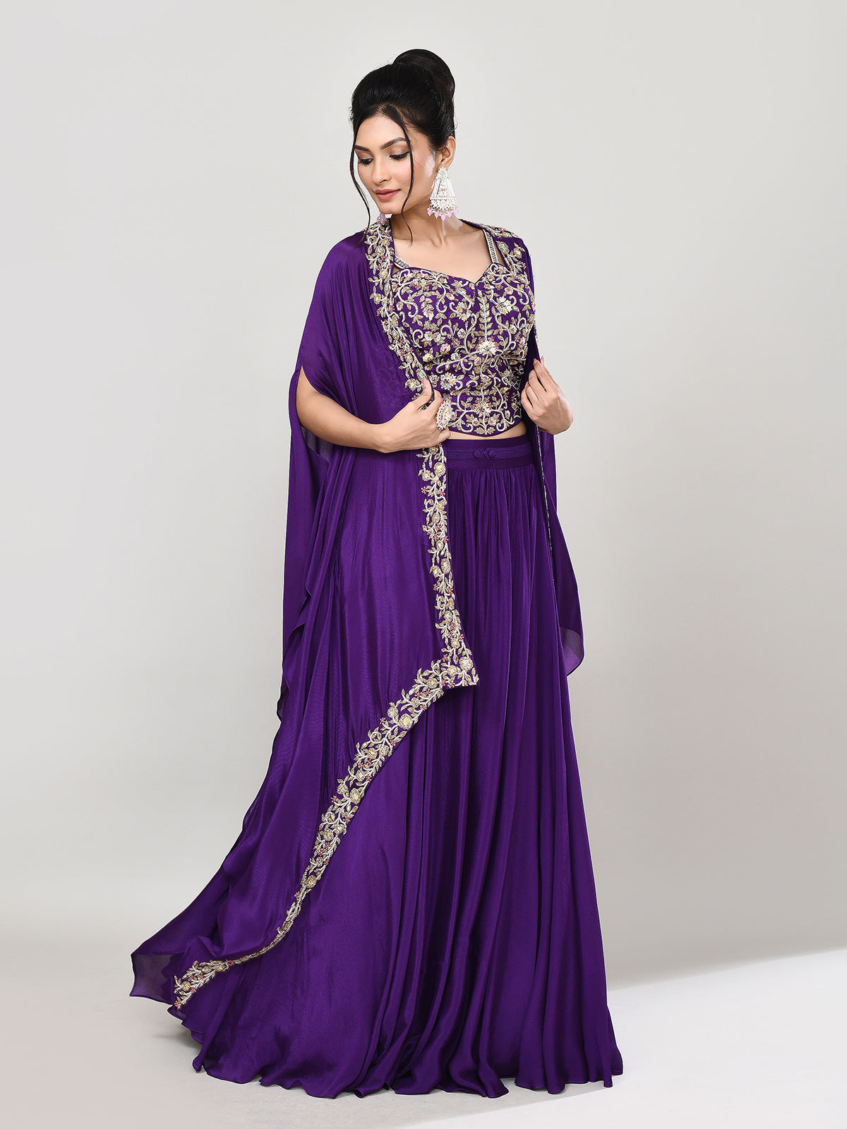 Purple silk shrug style wedding wear lehenga choli