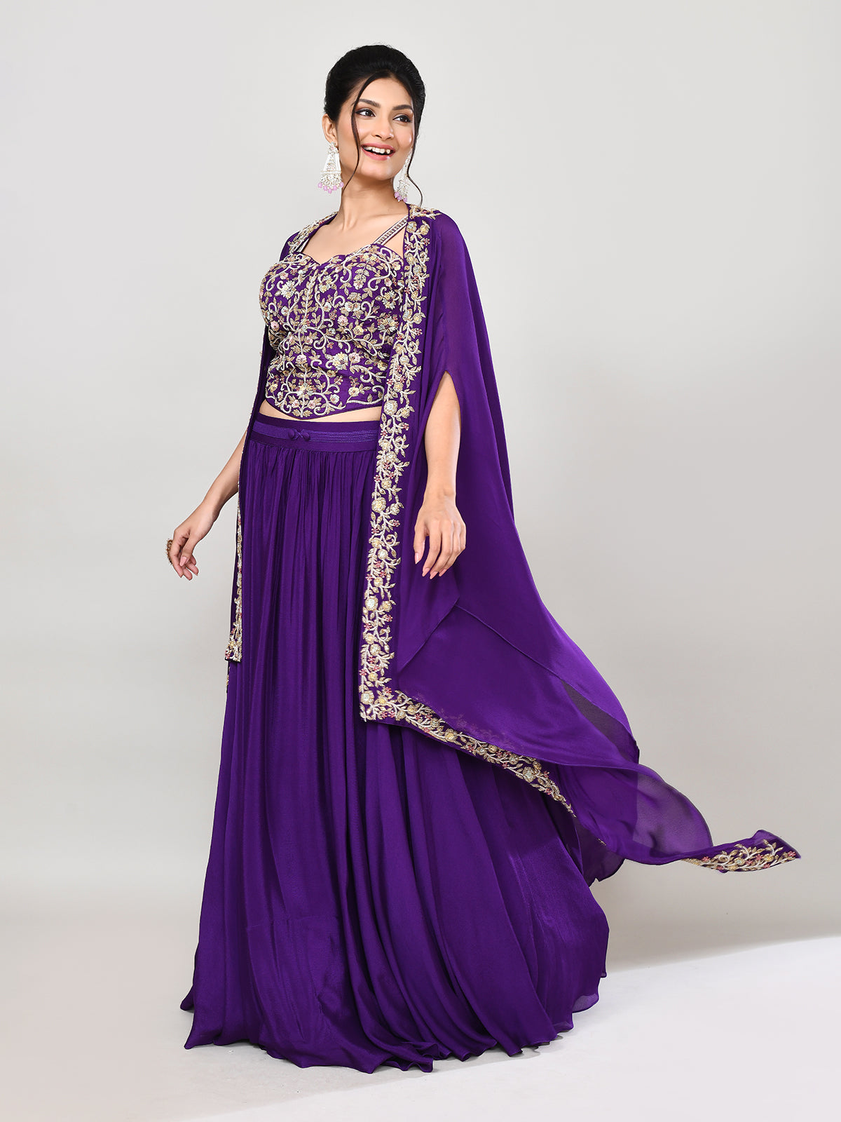 Purple silk shrug style wedding wear lehenga choli