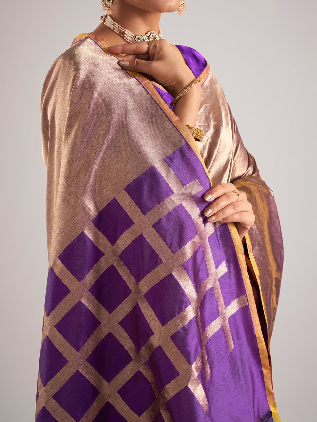 Purple silk unstitched blouse piece with zari weaving for women