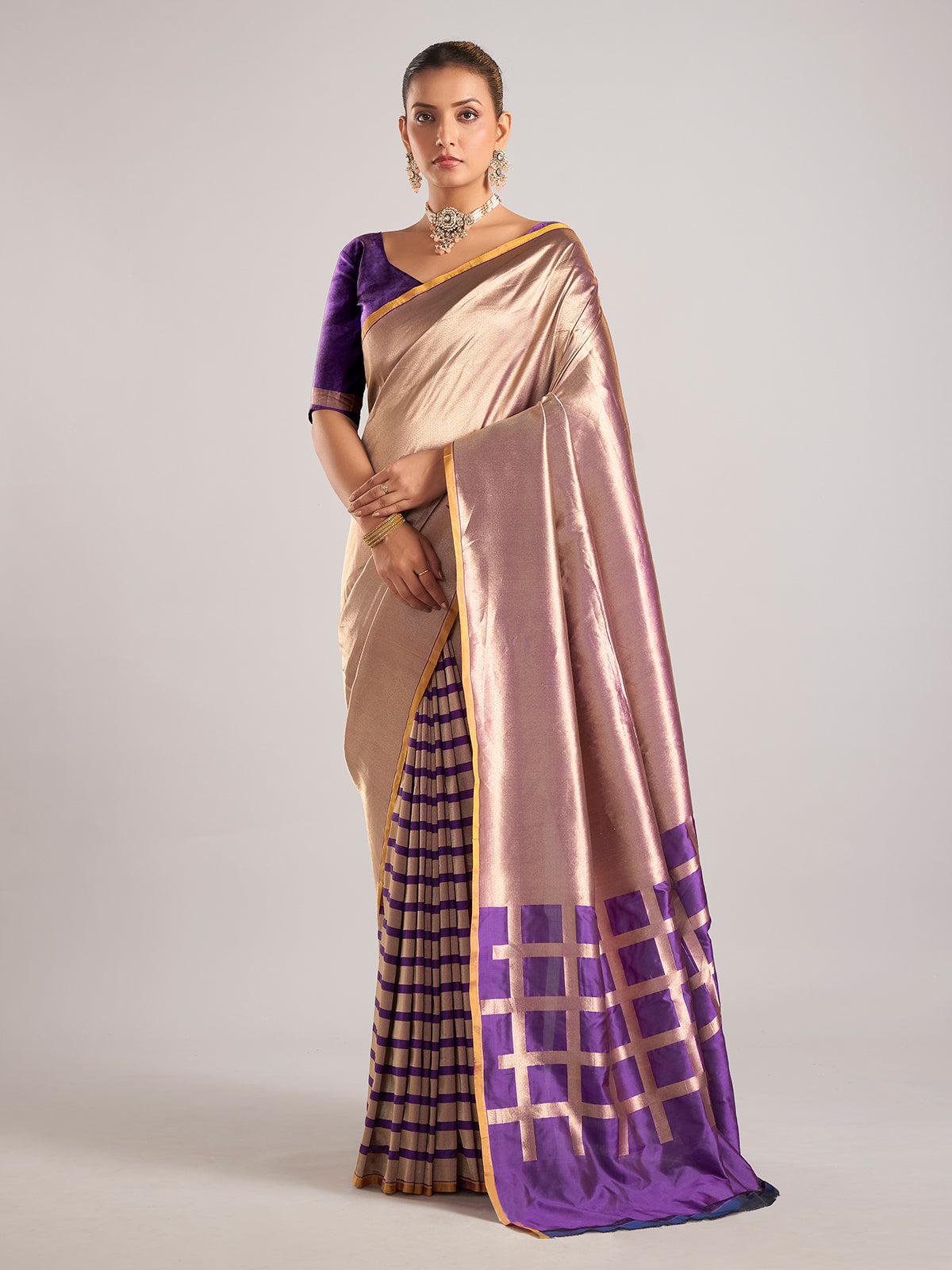 Purple silk unstitched blouse piece with zari weaving for women
