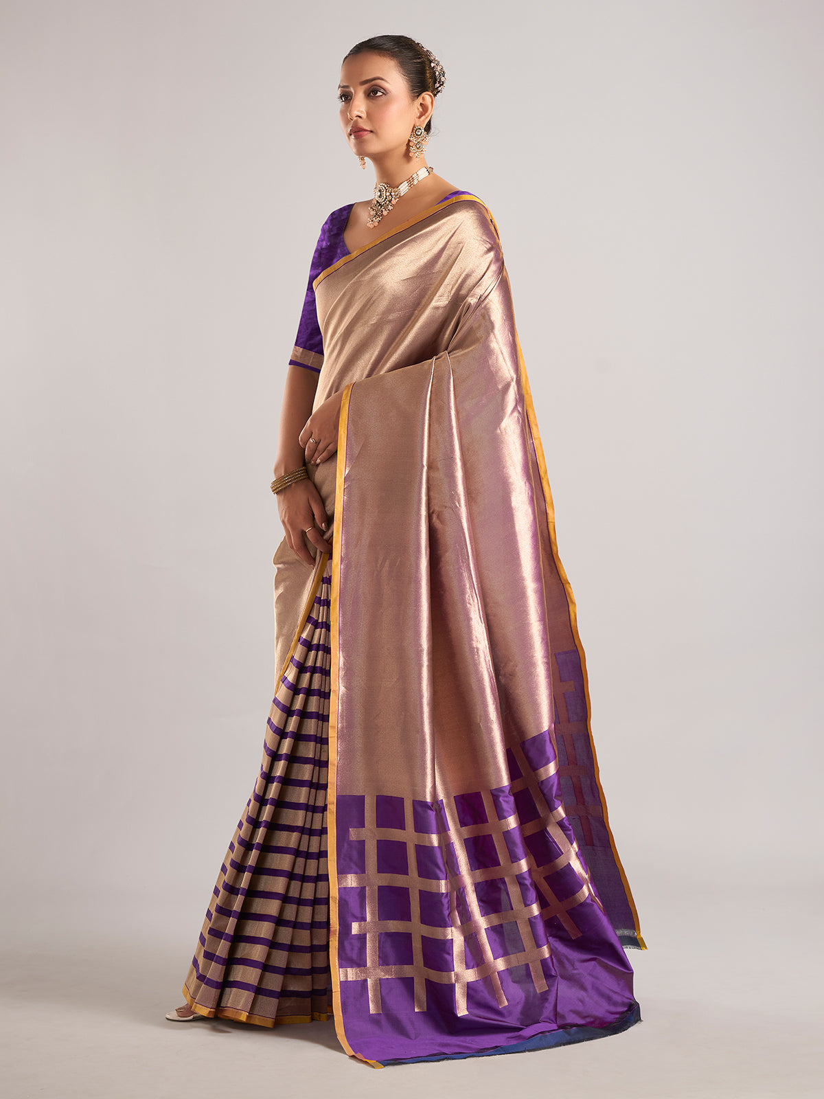 Purple silk unstitched blouse piece with zari weaving for women