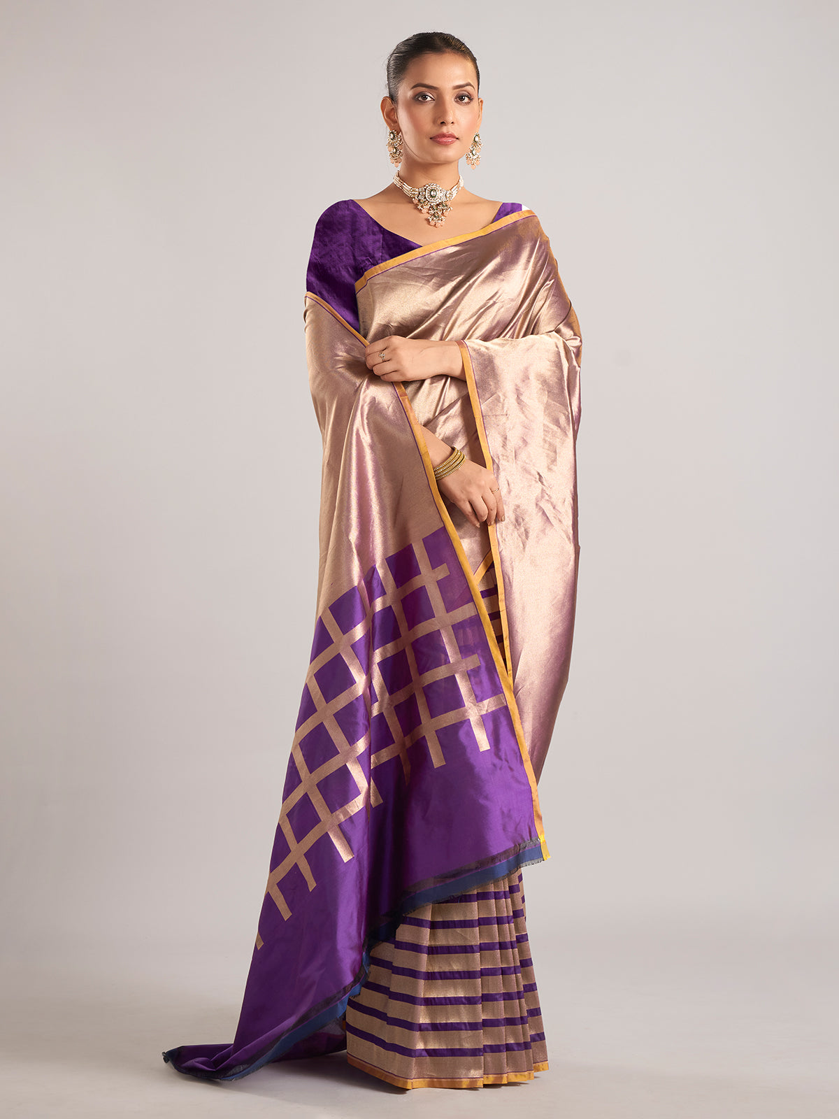 Purple silk unstitched blouse piece with zari weaving for women