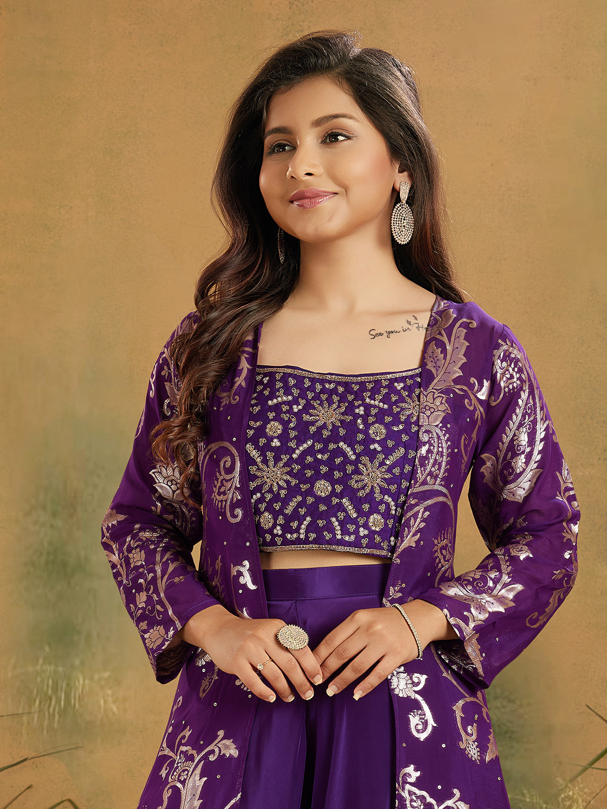 Purple silk zardosi shrug palazzo suit
