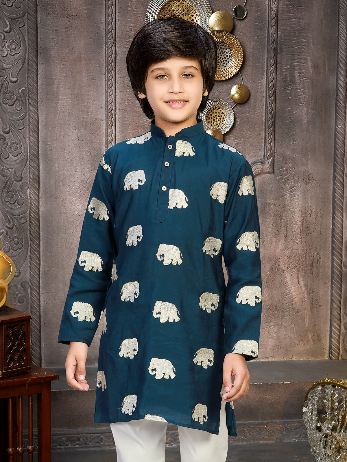 Rama blue silk kurta suit for boys with embroidery