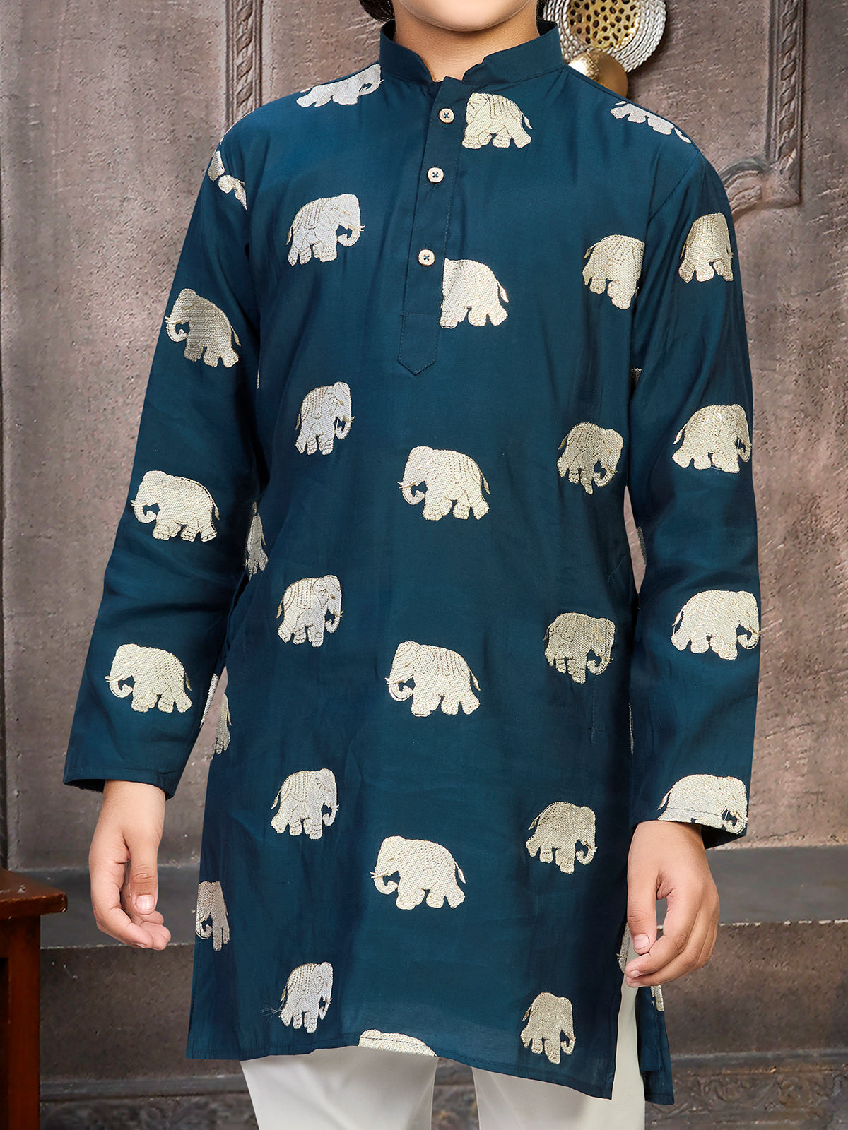 Rama blue silk kurta suit for boys with embroidery