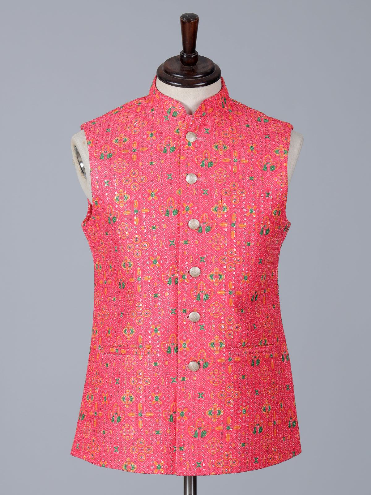 Rani pink printed cotton silk waistcoat with zari work