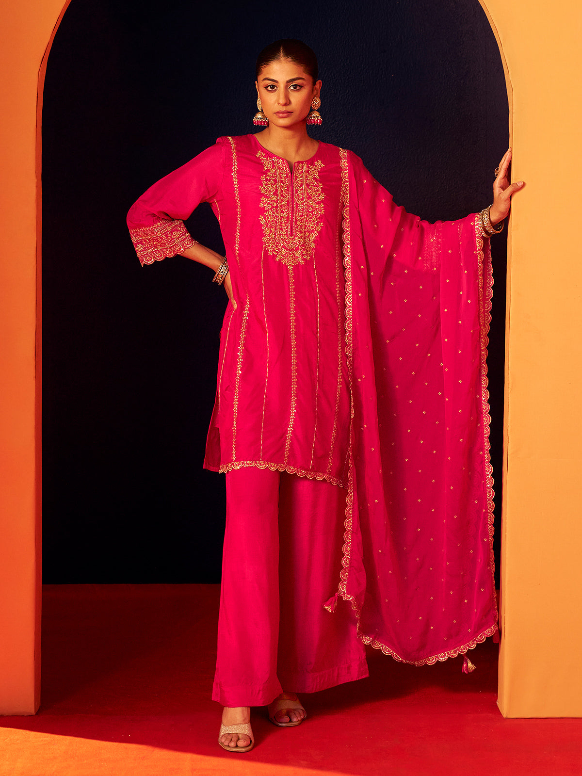 Rani pink silk palazzo kurti set for women