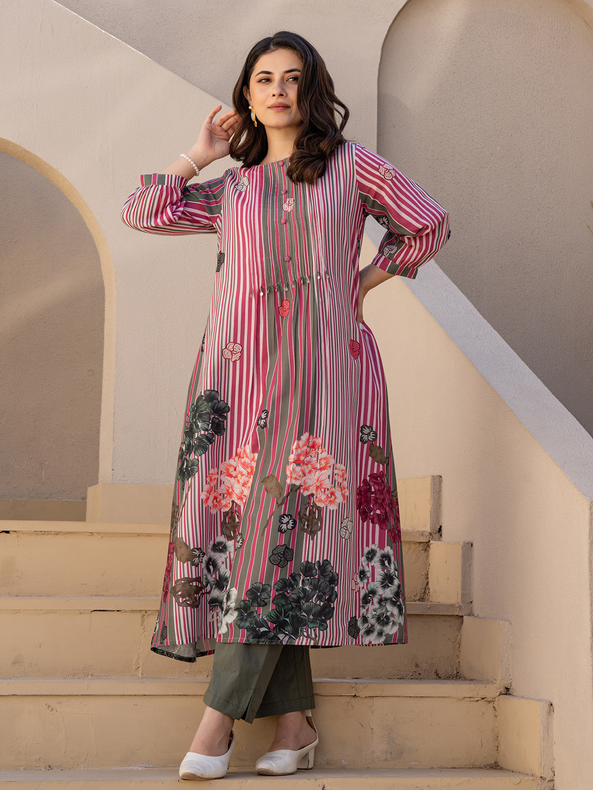 Rani pink silk printed kurti set