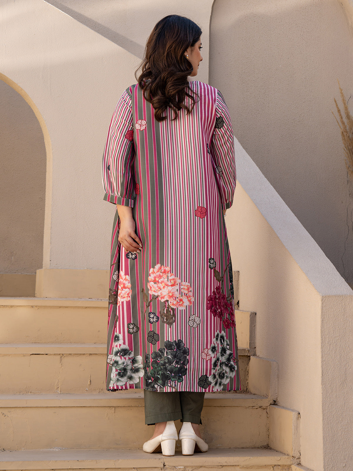 Rani pink silk printed kurti set