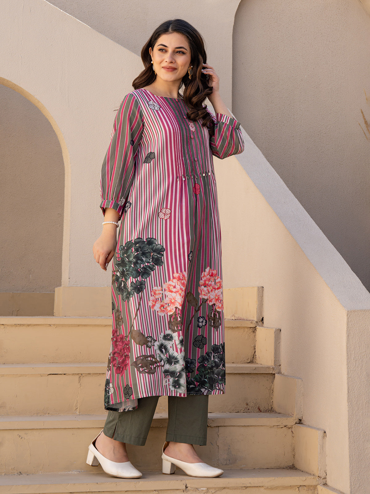 Rani pink silk printed kurti set