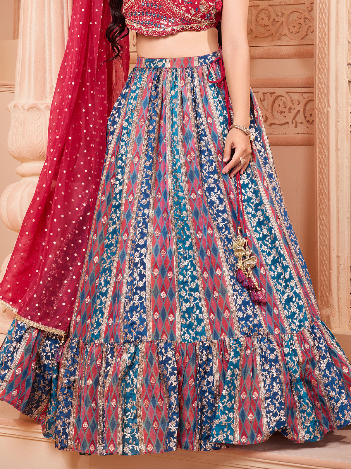 Red and blue banarasi silk lehenga choli with dupatta