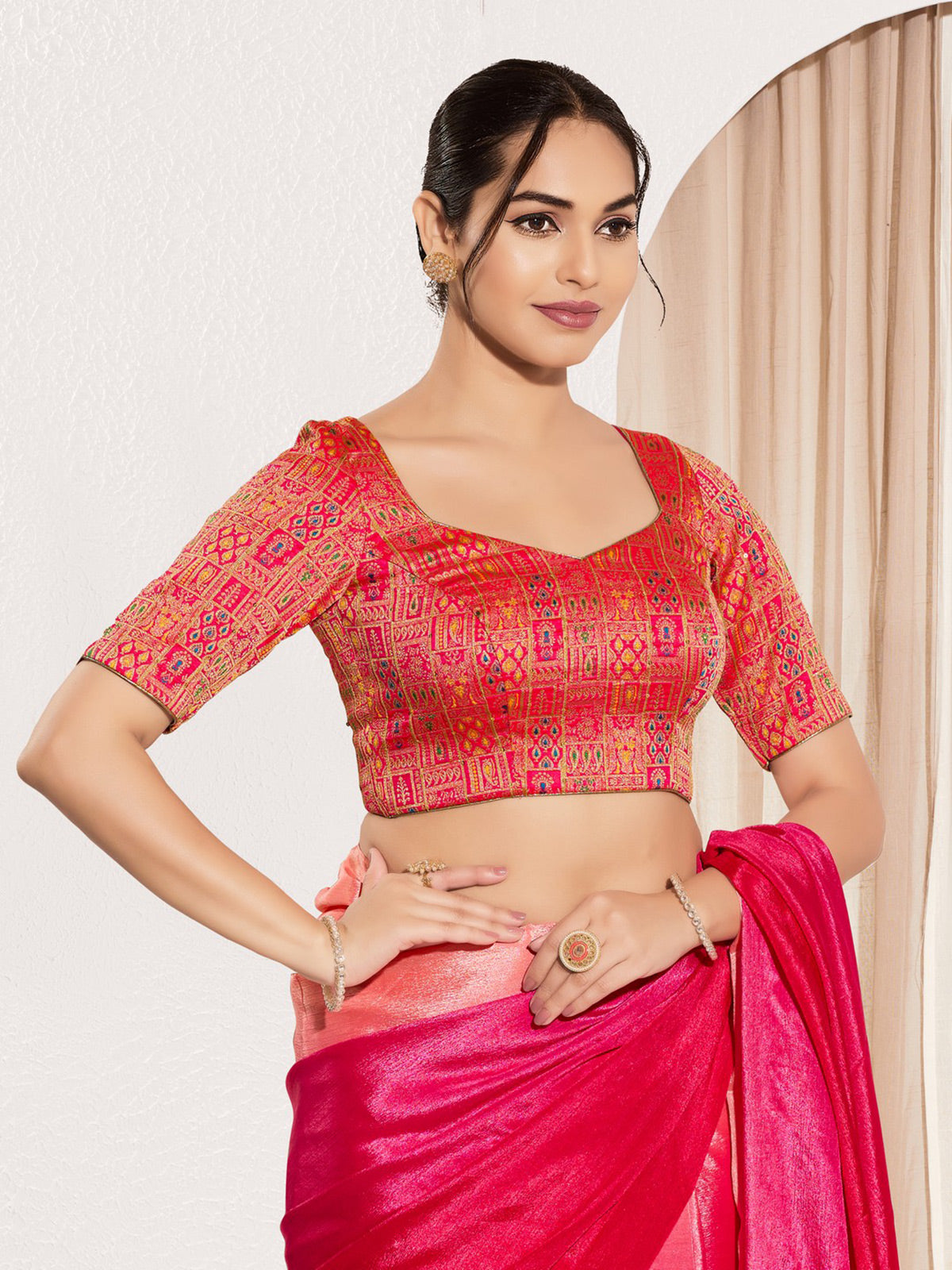 Red brocade zari weaving traditional blouse