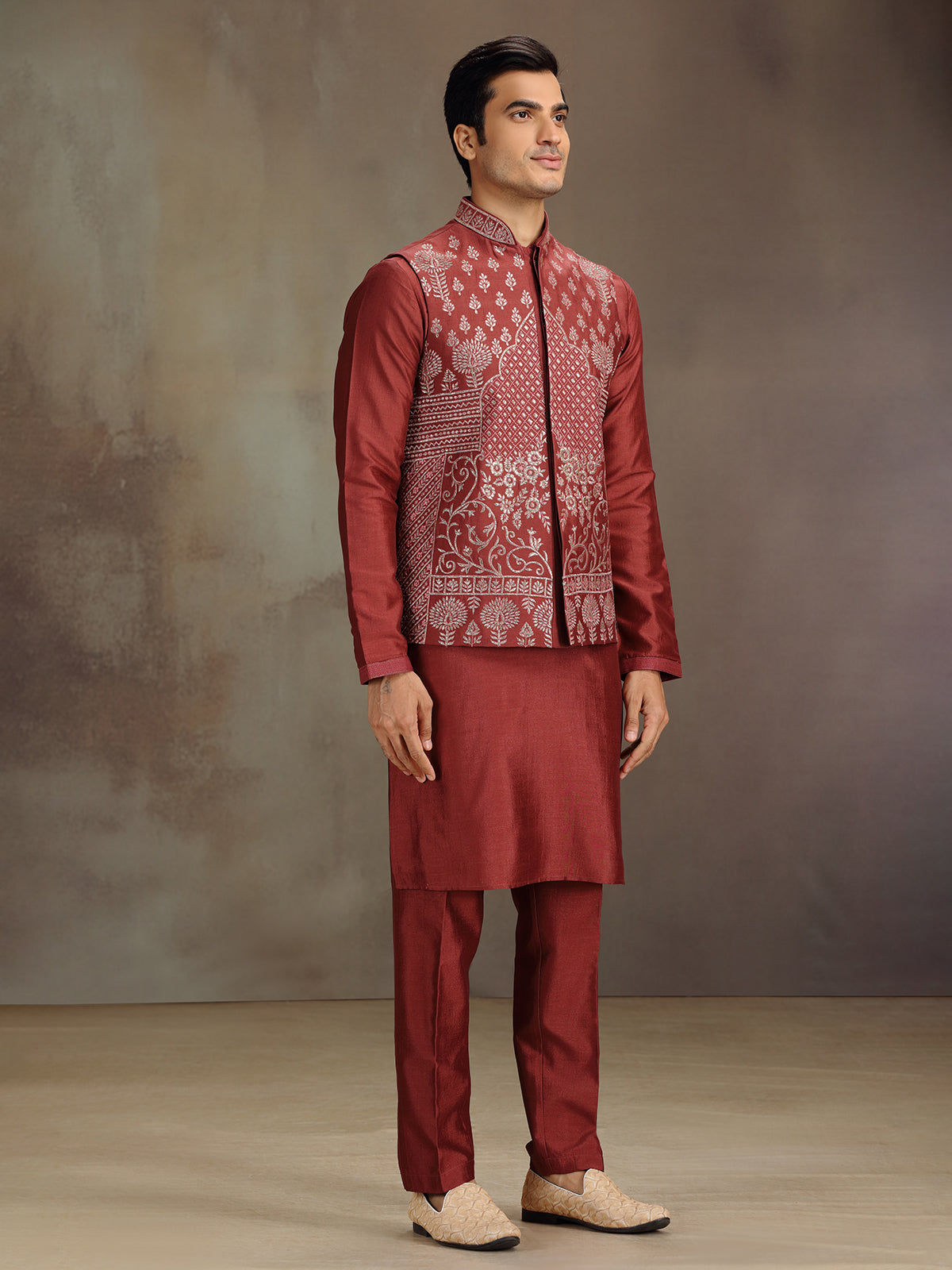 Red cotton silk waistcoat set for festive celebration