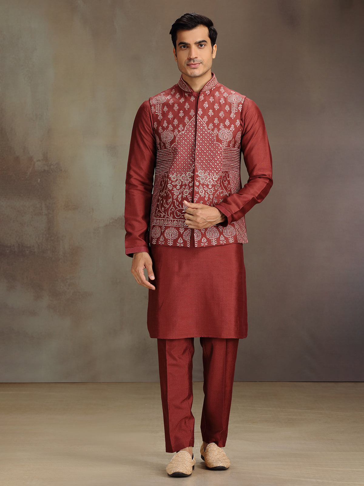 Red cotton silk waistcoat set for festive celebration