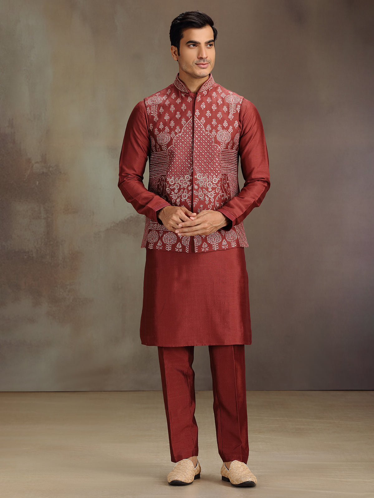 Red cotton silk waistcoat set for festive celebration