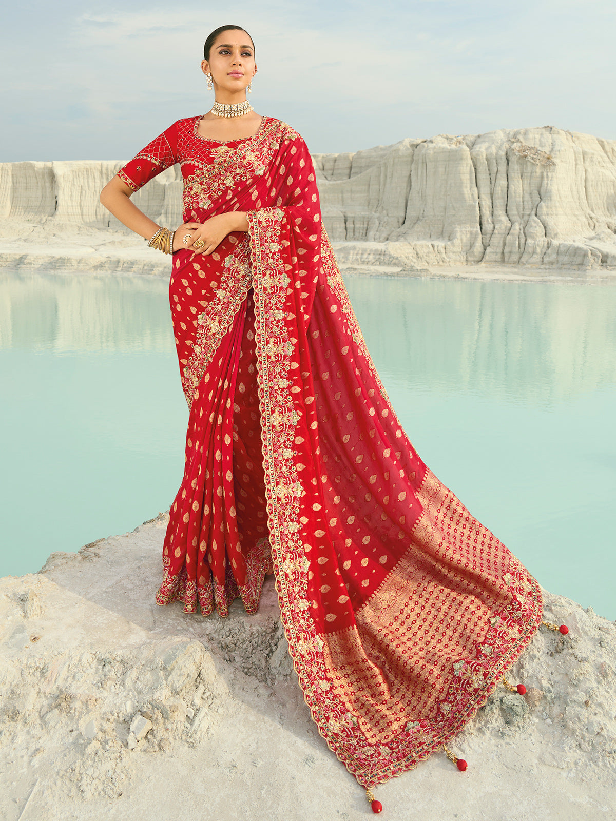 Red dola viscose saree with zari detailing