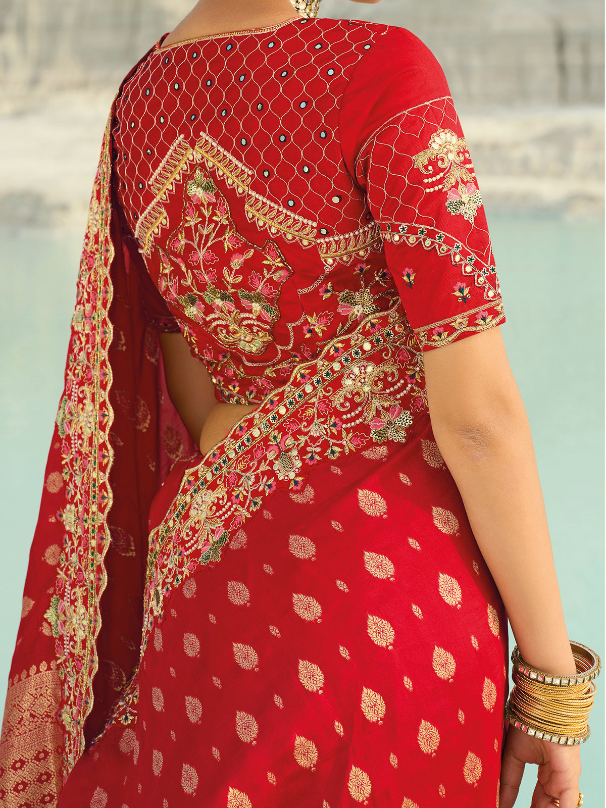 Red dola viscose saree with zari detailing