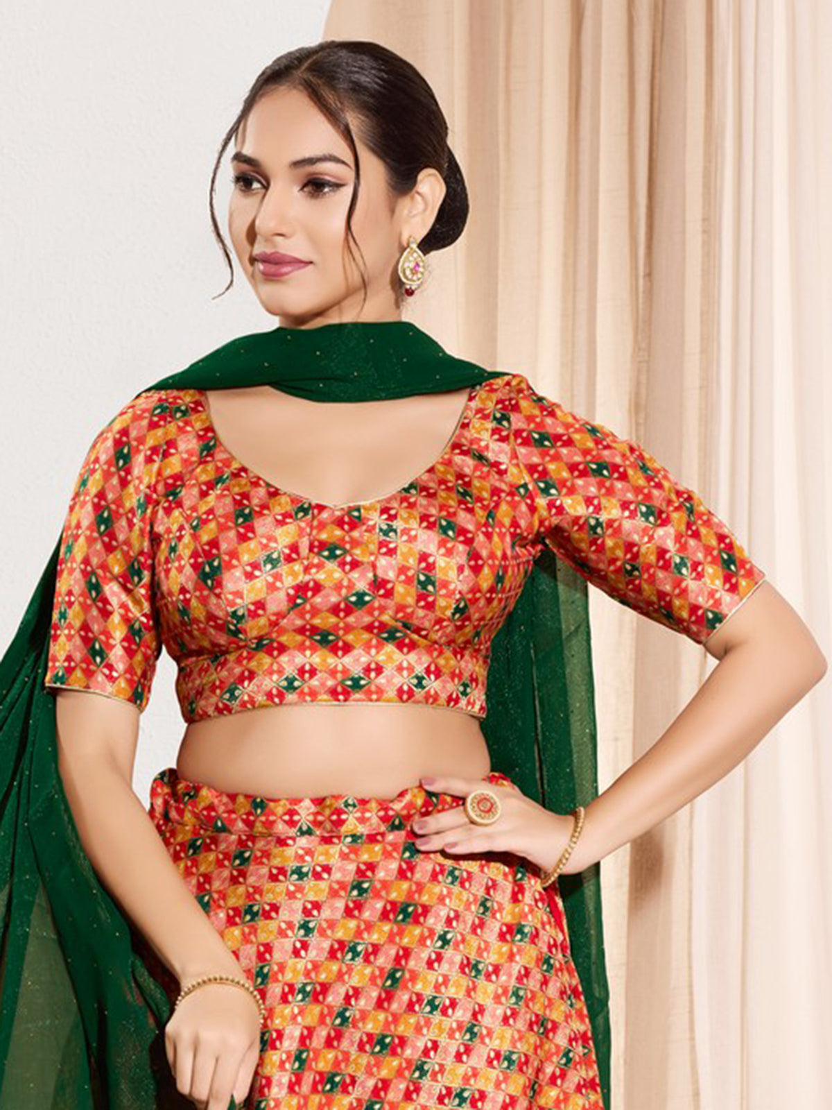 Red jacquard printed blouse with round neckline