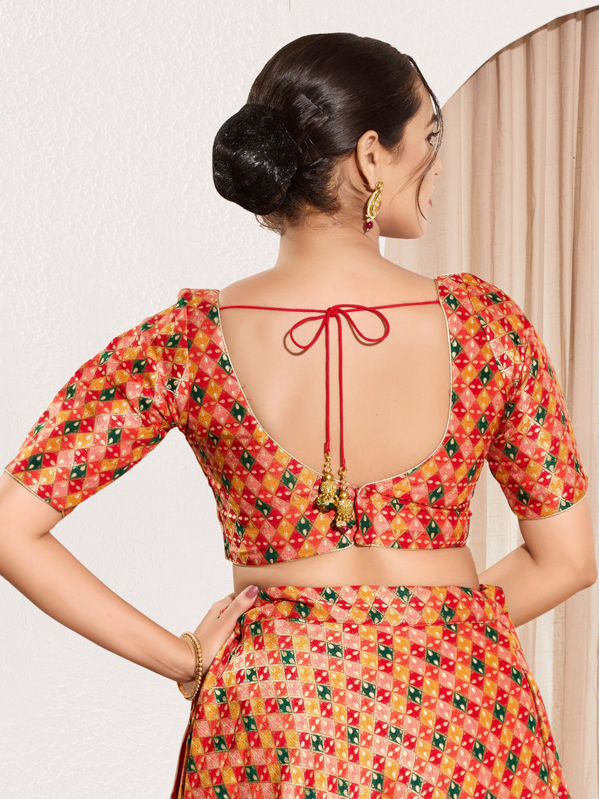 Red jacquard printed blouse with round neckline