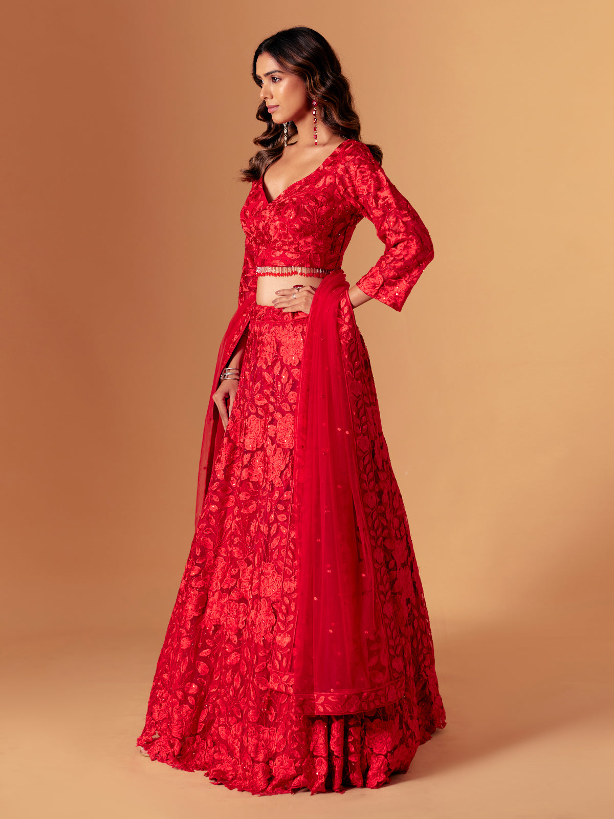 Red net embroidered lehenga choli for wedding wear