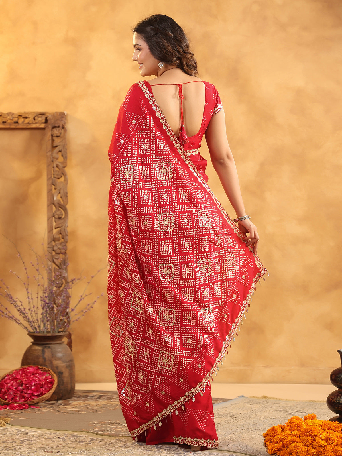 Red printed silk saree for festive wear
