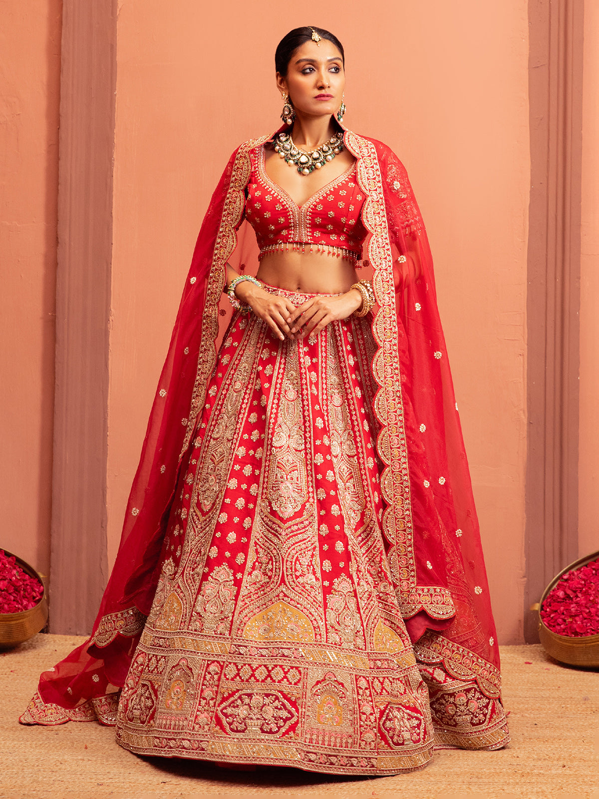 Red raw silk bridal lehenga choli with sweetheart neckline