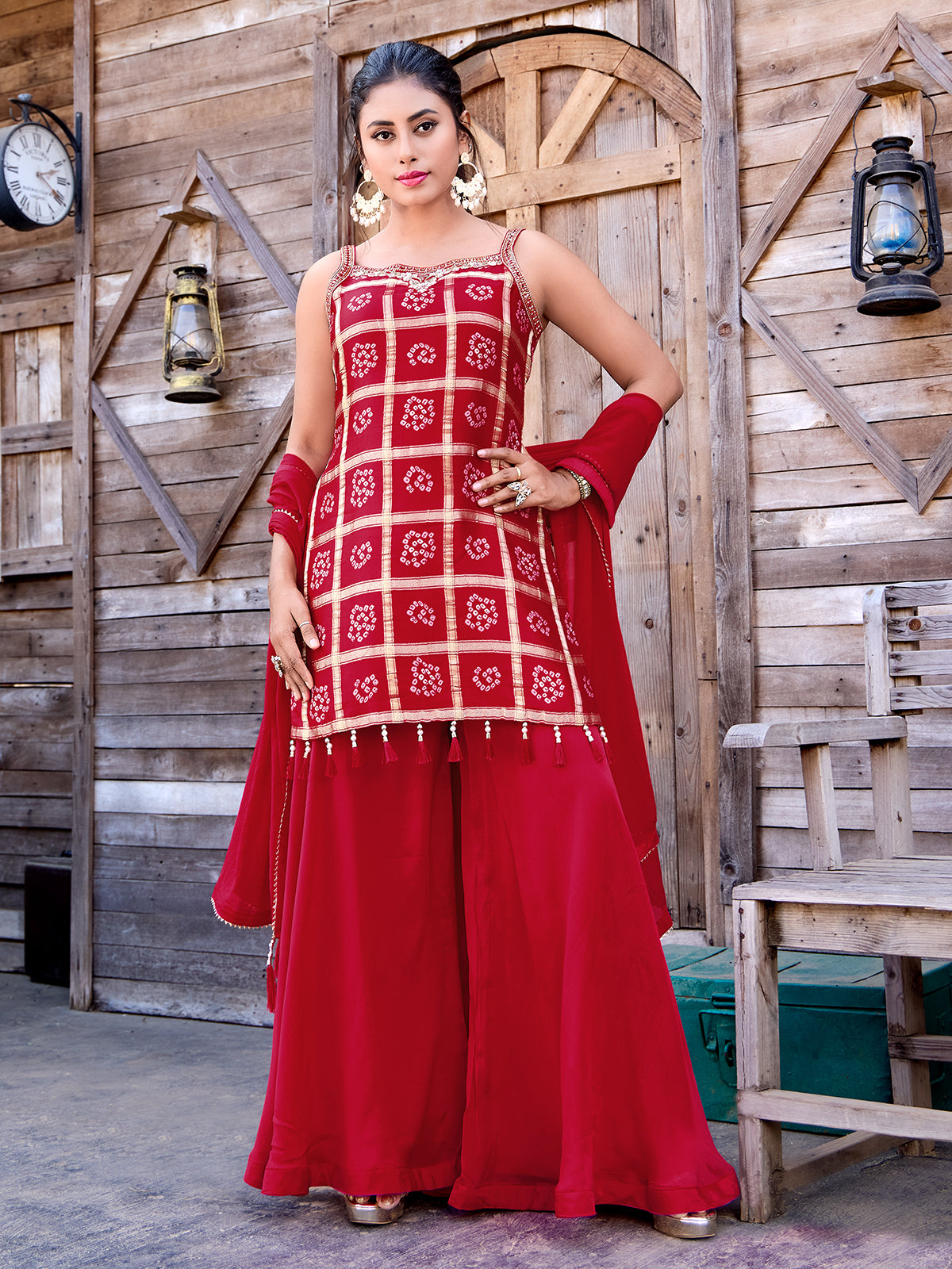 Red silk printed wedding wear palazzo suit