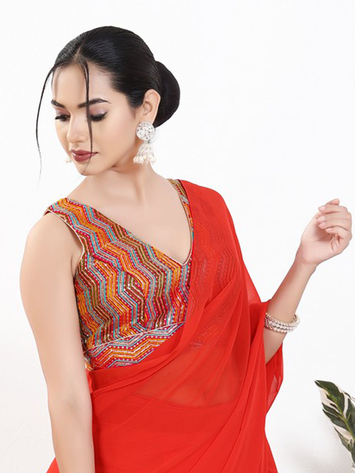 Red silk V neck sleeveless embroidered work blouse