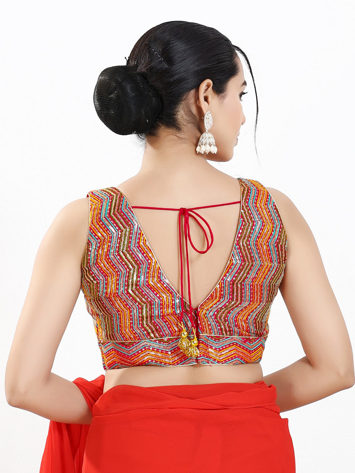 Red silk V neck sleeveless embroidered work blouse