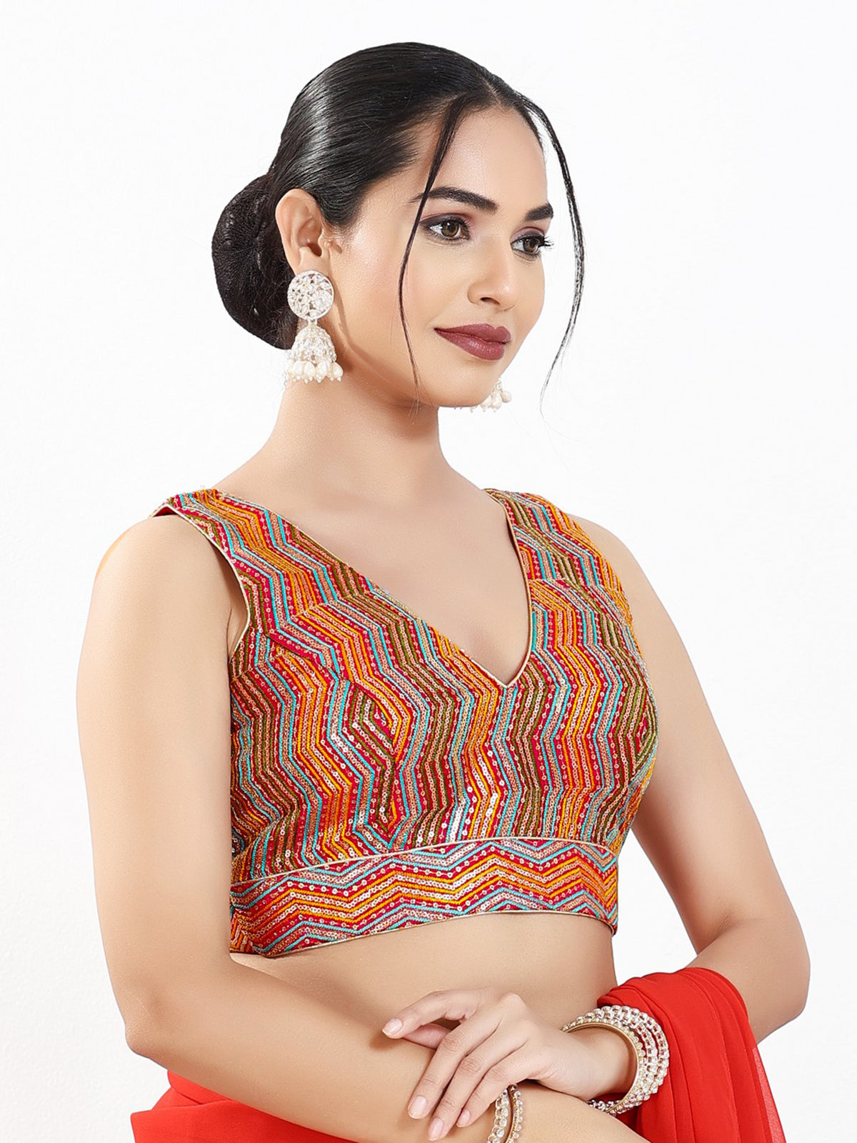 Red silk V neck sleeveless embroidered work blouse