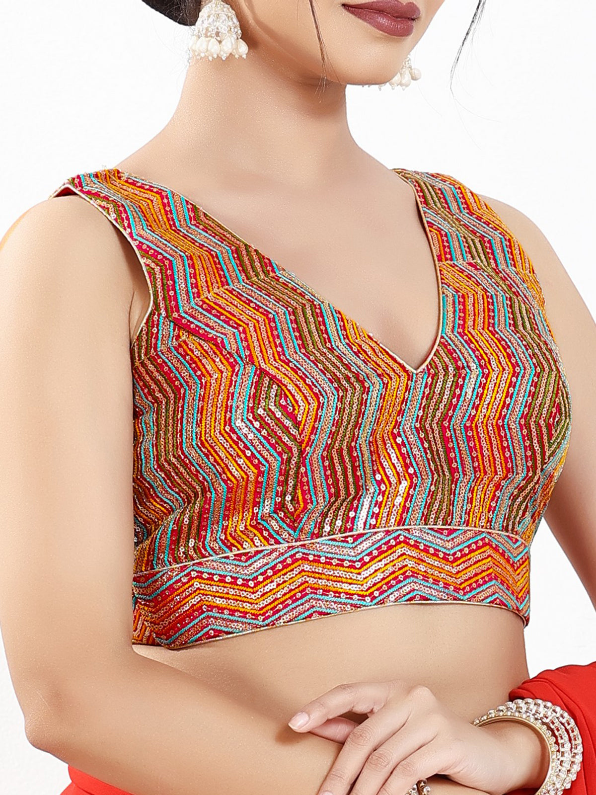 Red silk V neck sleeveless embroidered work blouse