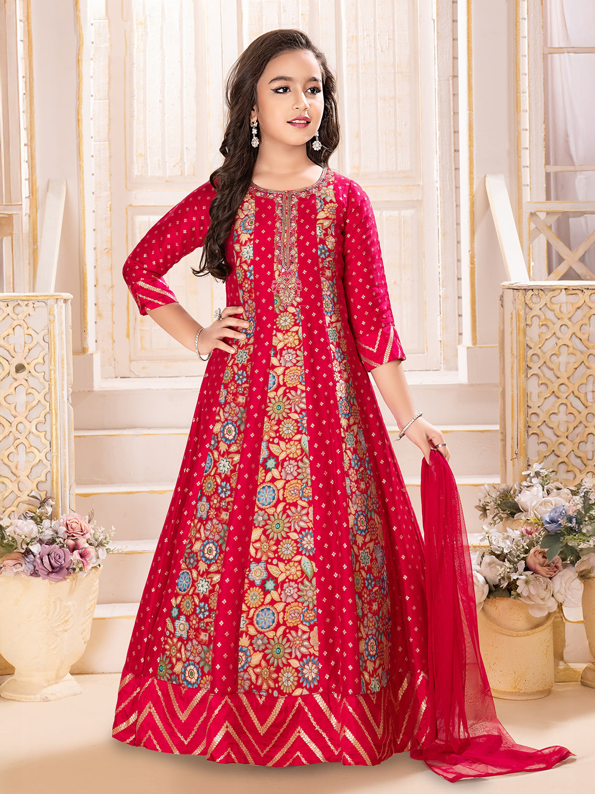 Red silk wedding wear gown with zari glow for girls