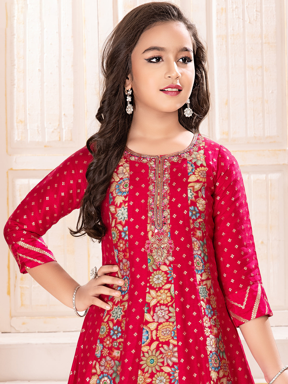 Red silk wedding wear gown with zari glow for girls